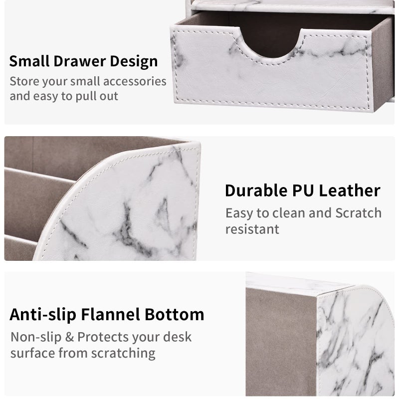 KINGFOM Pu Leather Desk Organizer Pen Pencil Holder Office Supplies Caddy Storage Box 6 Compartments with Drawer Gray Marble - Image 3
